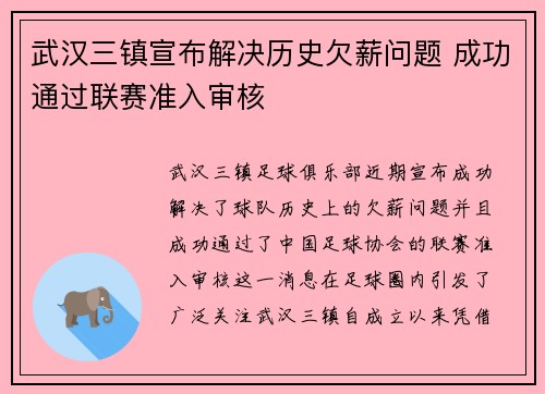 武汉三镇宣布解决历史欠薪问题 成功通过联赛准入审核 武汉三镇宣布解决历史欠薪问题 成功通过联赛准入审核